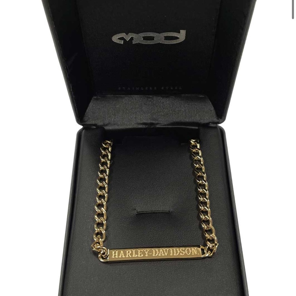 Women's H-D Script Bar Curb Link Gold Necklace - Stainless Steel